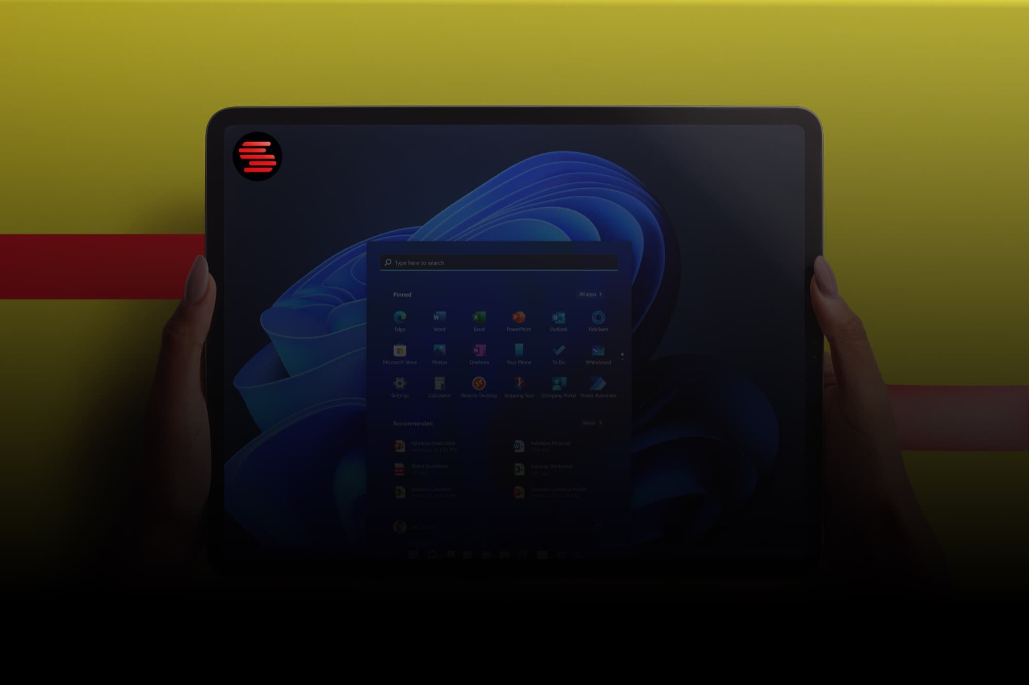 A tablet displaying a Windows virtual desktop with the Start menu open
