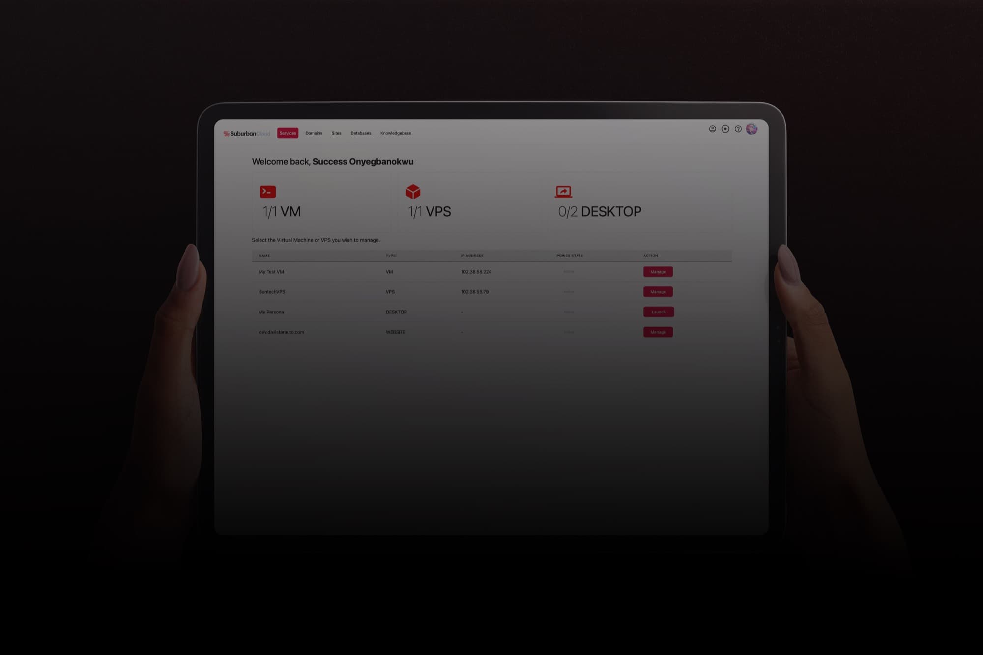 The Suburban Cloud console displayed on a tablet